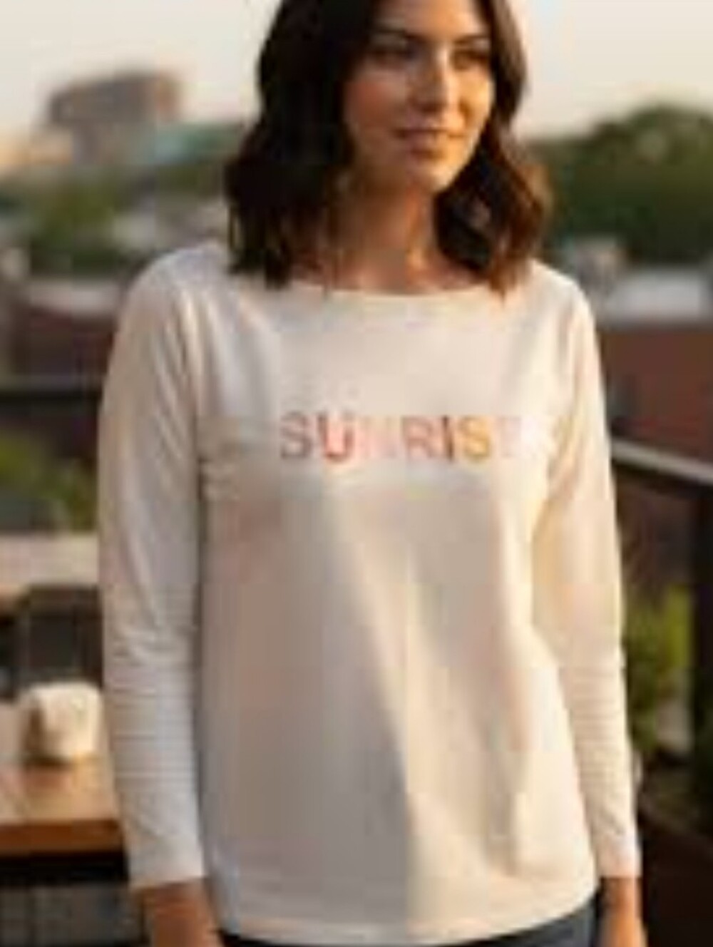 LOFT Cream 3/4 Sleeve Tee with Pink and Yellow SUNRISE Print 100% Cotton